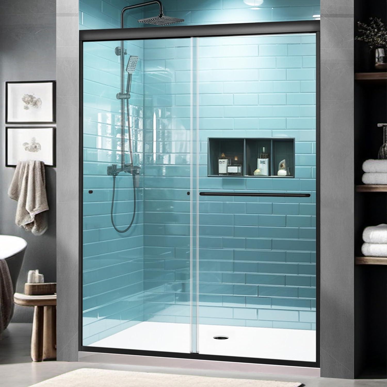 60" Matte Black Semi-Frameless Sliding Shower Door with Clear Glass