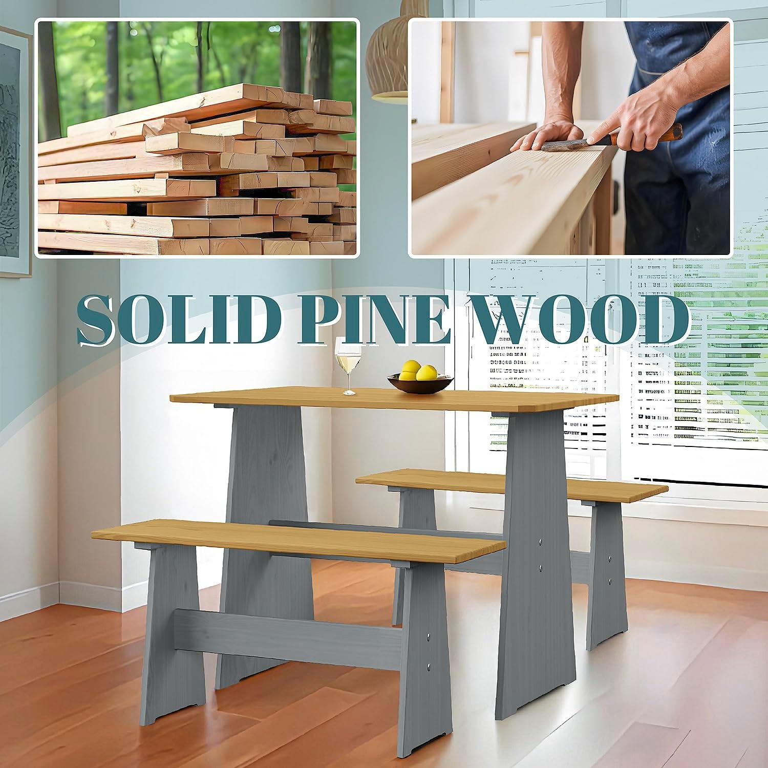 Urban Home Furniture Chapman 3 Piece Casual Dining 2-Tone Natural/Grey Solid Pine Wood Kitchen Table Set with 2 Benches, Kitchen Dining Set
