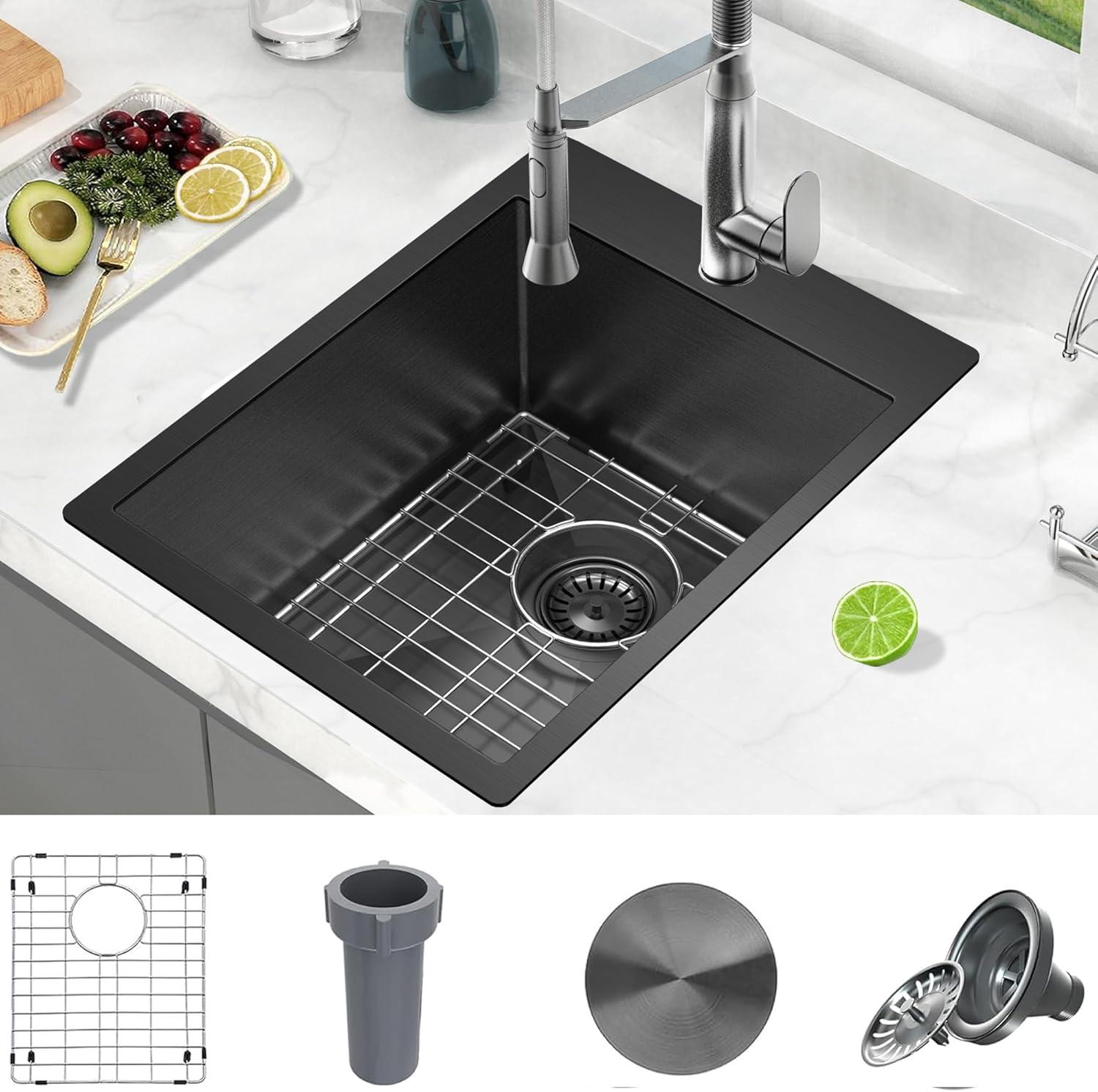 15x20 Inch Drop In Bar Sink Black, 15 Inch Gunmetal Black Small Kitchen Sink 18 Gauge Single Bowl Topmount Stainless Steel Wet Bar Sink with Basket Strainer Drain & Bottom Grid