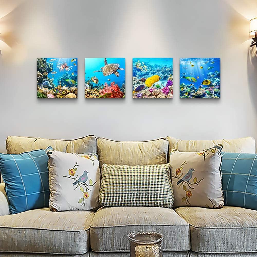 Bathroom Wall Decor Canvas wall art for living room Coral and Fish Modern Home Decor 4 Panels Stretched and Framed Ready to Hang blue Ocean Theme Sea Fish and sea Turtles undersea world Canvas Prints