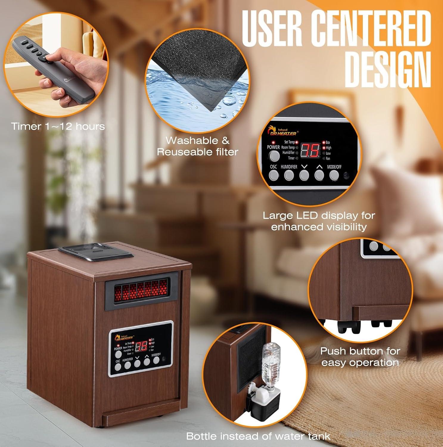 Dr. Infrared Heater DR. INFRARED HEATER DR-998W 1500W, Advanced Humidifier and Oscillation Fan and Remote Control, Dual Heating System