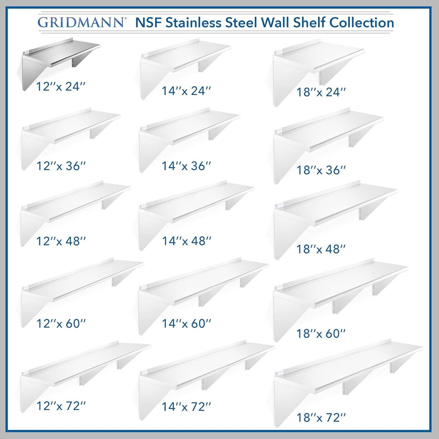 GRIDMANN 12" Deep Stainless Steel Kitchen Wall Mount Shelves with Backsplash - NSF Certified