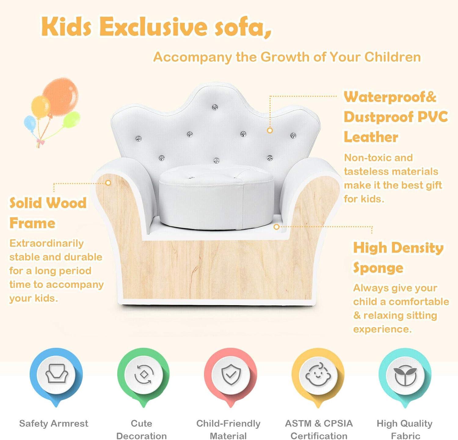 Kepooman Kids Sofa, Children Kids Chair,Toddler Reading Couch, Children Upholstered Princess Sofa with Ottoman and Diamond Decoration for Boys and Girls-White