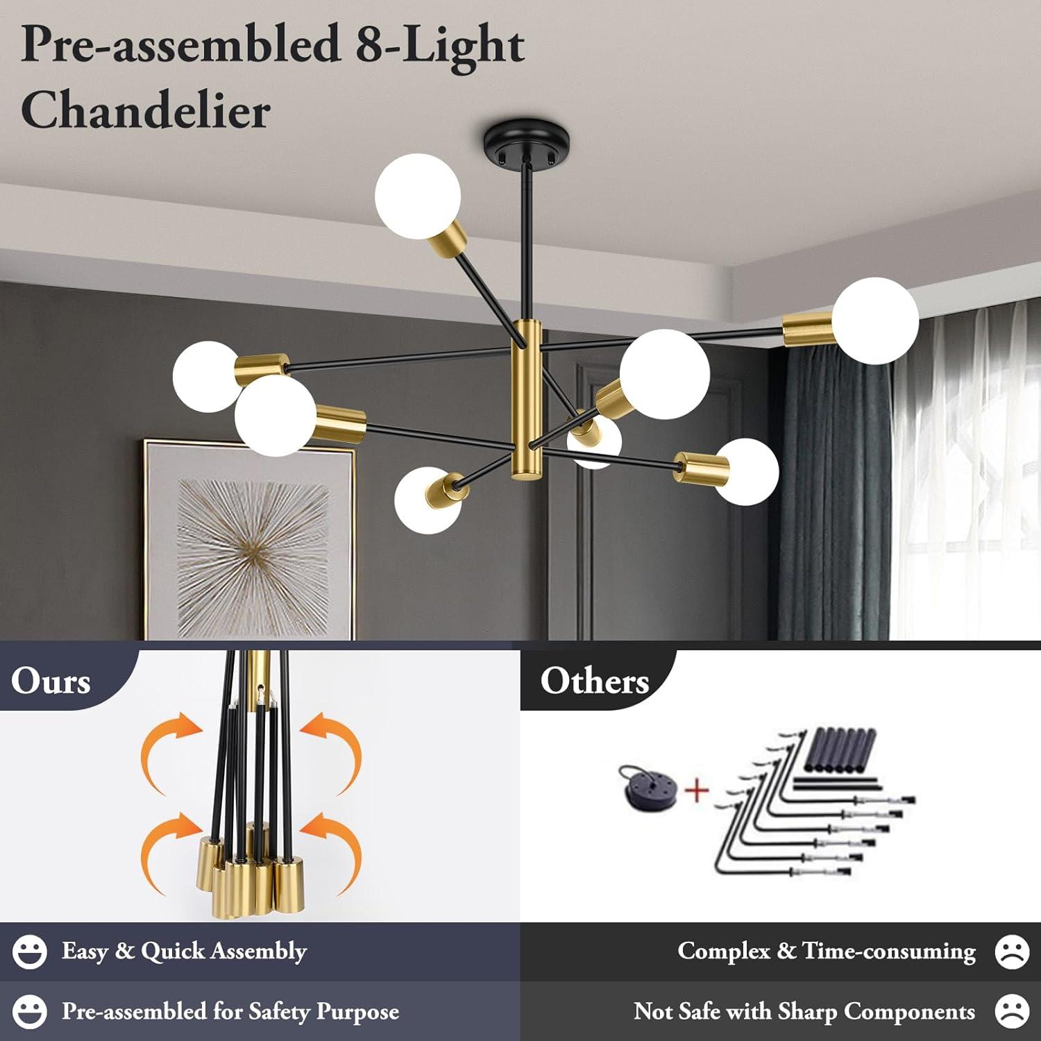 KAISITE Modern Sputnik Chandelier - 8-Light Ceiling Light Fixture Height Adjustable Mid Century Plating Finished Black and Gold Chandelier for Bedroom Living Room Dining Room Kitchen Foyer