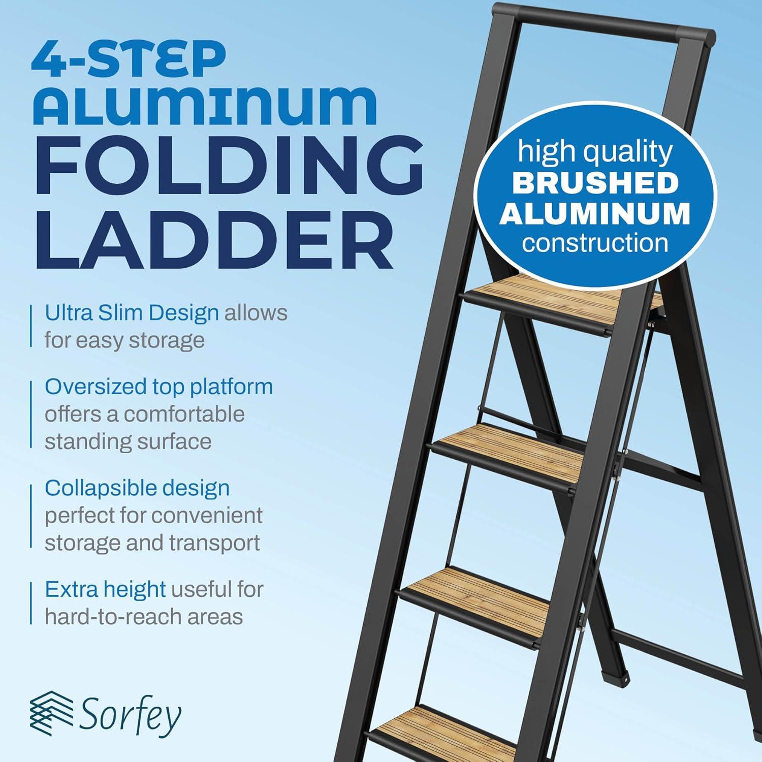 Step Ladder 4 Step Modern  - Beautiful Bamboo & Black Aluminum  - By SORFEY