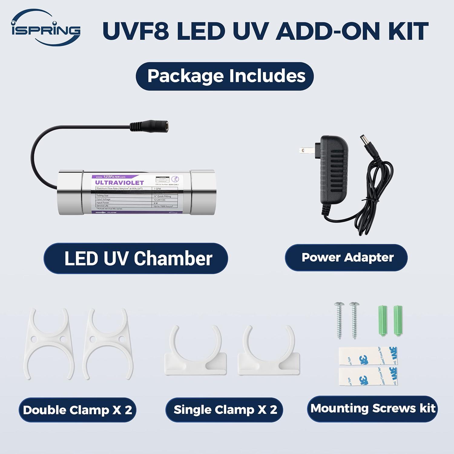 iSpring Water Systems UVF8 iSpring UVF8 LED UV Water Filter, Add-on Kit for Under Sink Water Filtration Systems, Mercury-Free, Stainless Steel