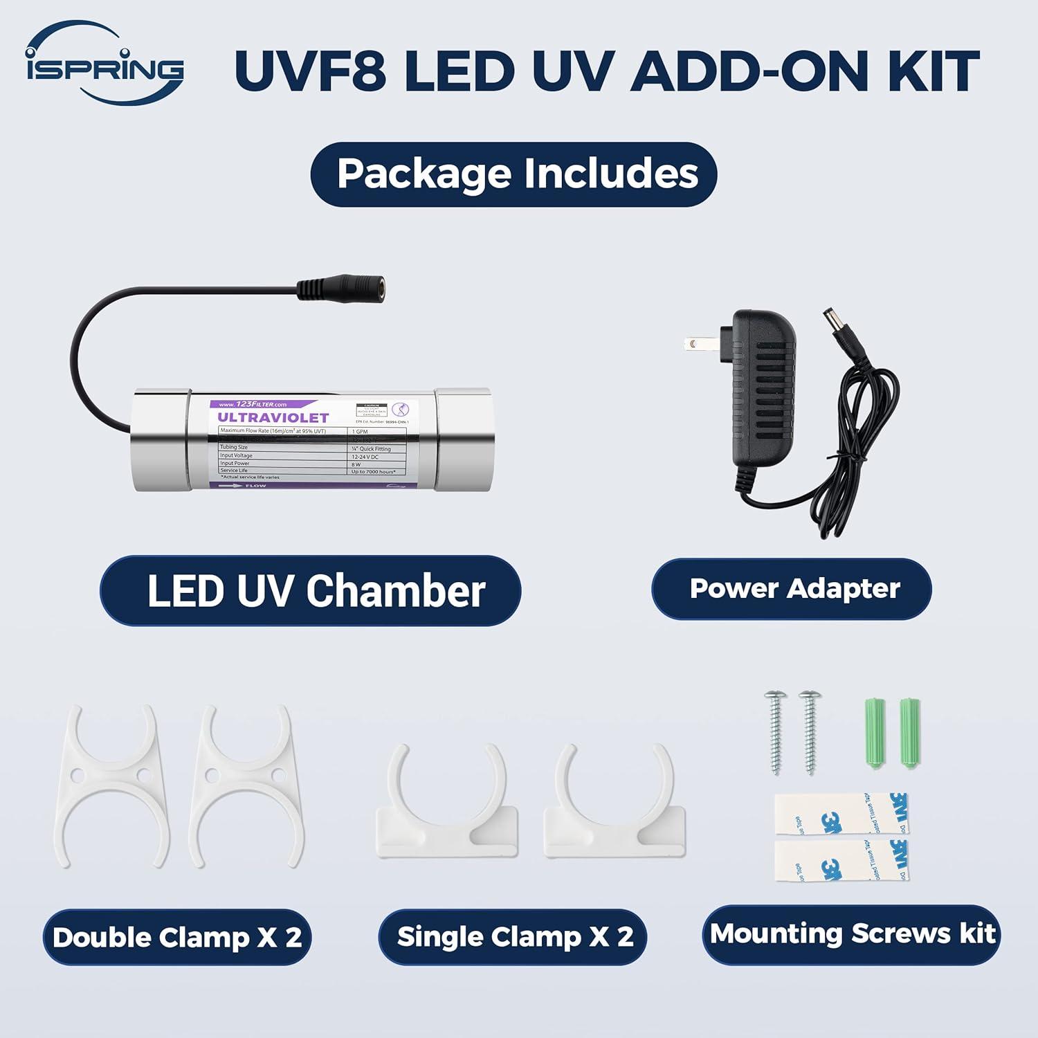 iSpring UVF8 LED UV Water Filter, Add-on Kit for Under Sink Water Filtration Systems, Mercury-Free, Stainless Steel