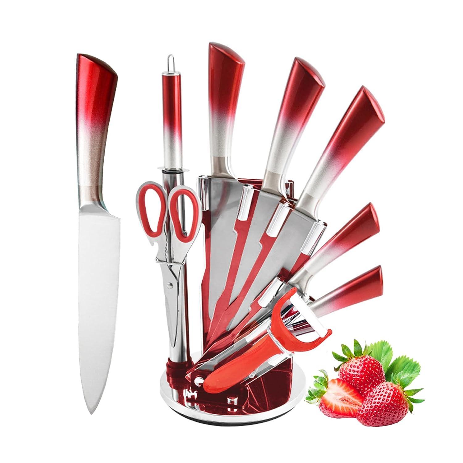 Kitchen Knife Set, 9-Pieces Red Coated Knife Block Set, Stainless Steel Chef knife Set with Sharpener Peeler Scissors, Sharp Non-Stick Knives Set with Rotatable Holder for Cutting Slicing Dicing