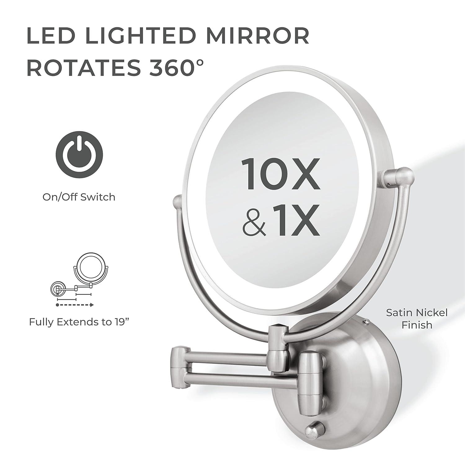 11" Round LED Wall Mount Powered by Battery or Adaptor Makeup Mirror Satin Nickel Finish - Zadro: 10x Magnifying, Spot Clean, Metal & Glass