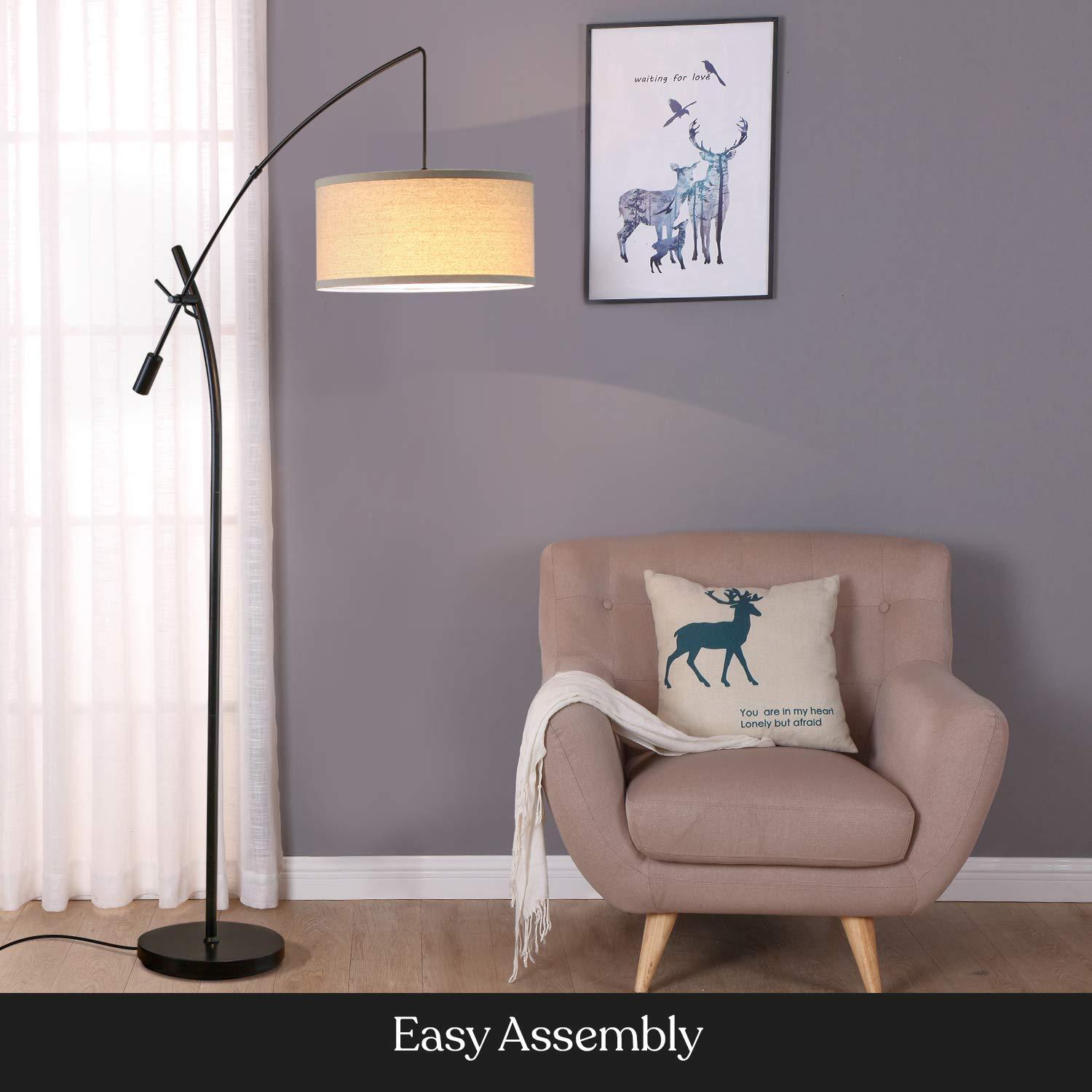 Brightech Grayson 84" Mid-Century Modern Height-Adjustable LED Arc Floor Lamp with Black Finish and Beige Cotton Fabric Drum Shade, Bulb Included