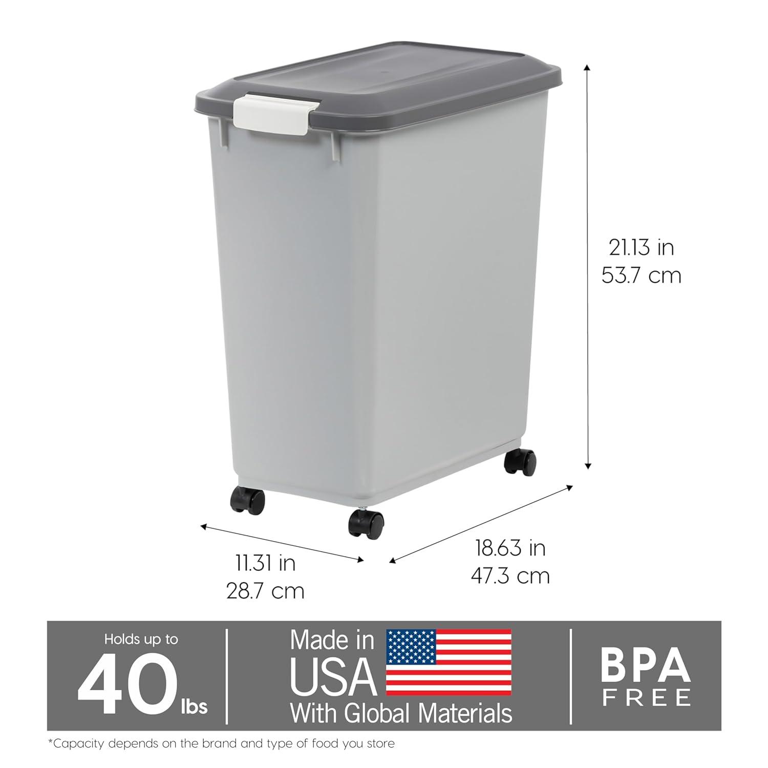 IRIS USA 40lbs Dog Food Storage Container with Wheels, 2-Cup Scoop, Gray/Dark Gray
