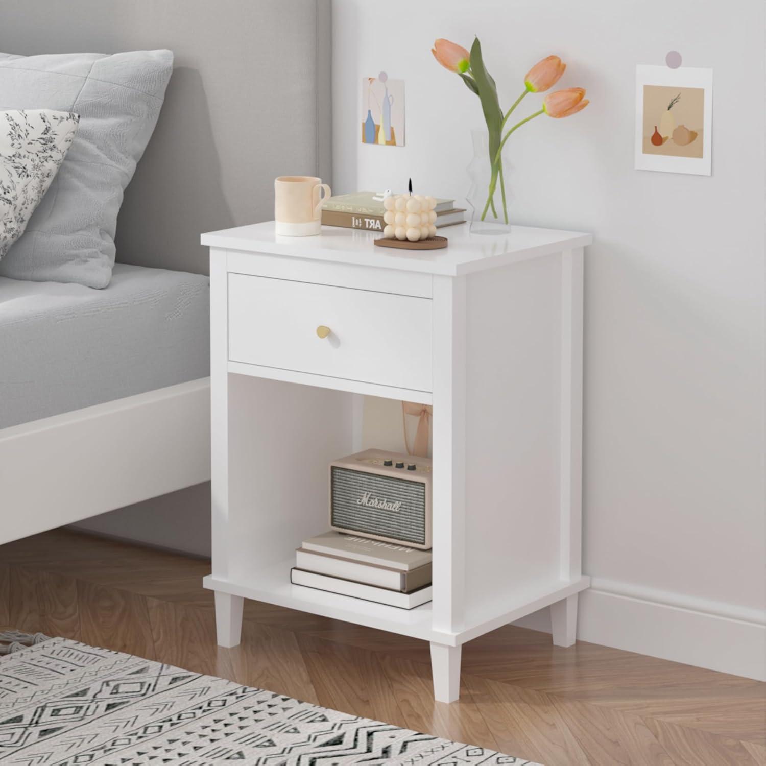 Wooden Nightstand with One Drawer One Shelf,Modern Bedside Tables for Kids,Adults,White