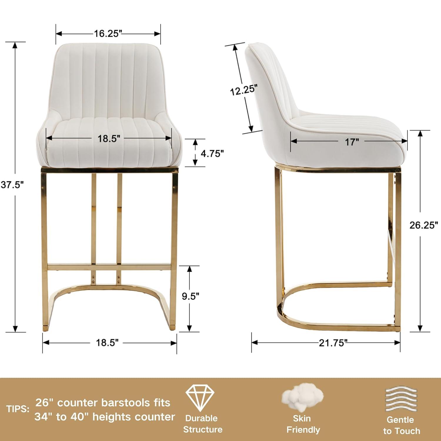 Counter Height Stools Set of 2, Velvet Bar Stools with 27 Inches Upholstered Seat Height, Handmade Woven Back Armrest, Sturdy Golden Metal Legs for Home Dining Pub Kitchen Island, Beige