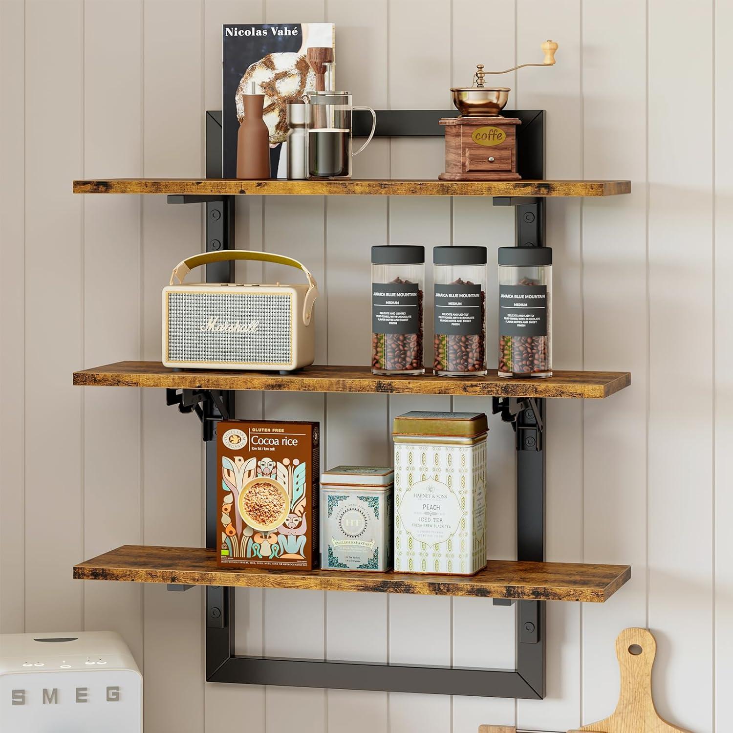 Rustic Brown 24'' 3-Tier Wood Floating Kitchen Shelves