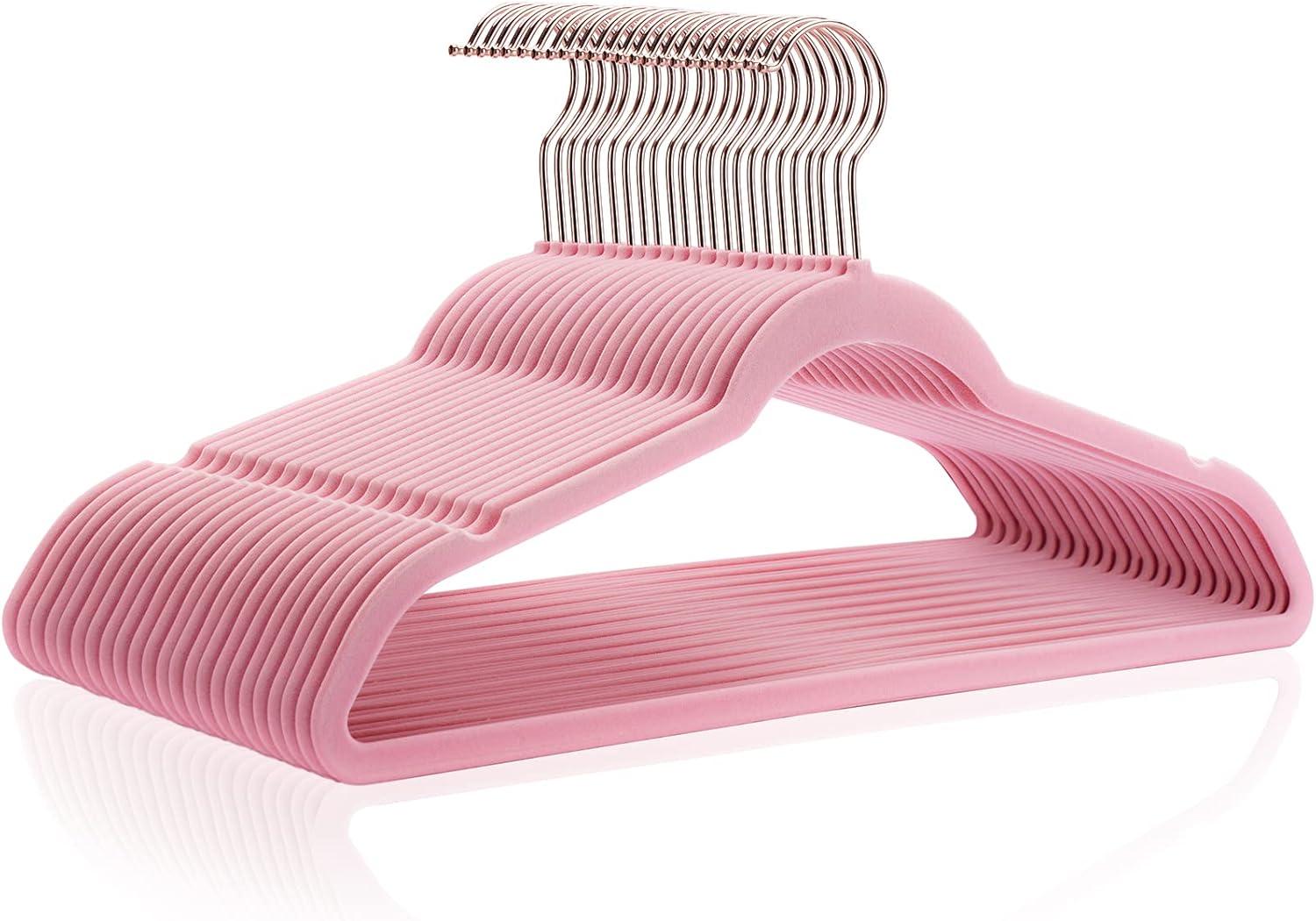 Flocked Velvet Clothes Hangers with Stainless Steel Swivel Hooks, Pink - 50 Piece