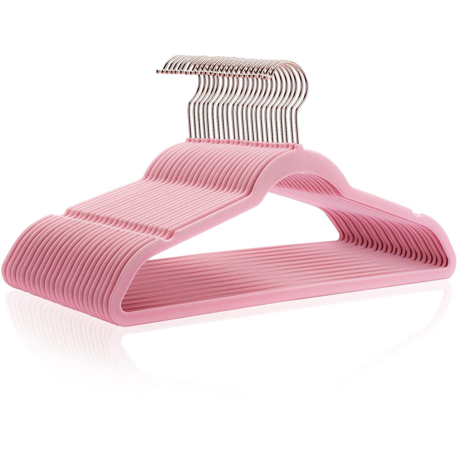 Flocked Velvet Clothes Hangers with Stainless Steel Swivel Hooks, Pink - 50 Piece
