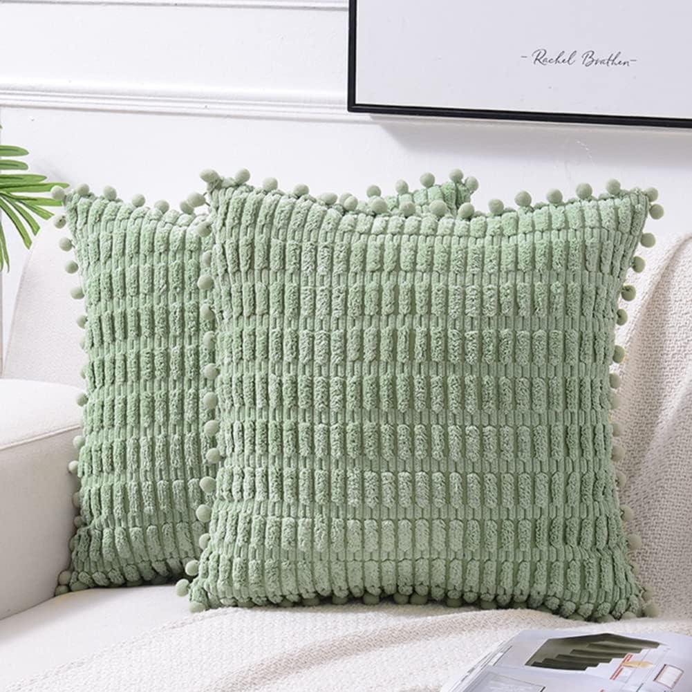 Fymlhomi 2 Packs Sage Green Decorative Throw Pillow Covers 18x18 Inch for Couch Bed Sofa, Modern Farmhouse Boho Home Decor, Soft Cute Plush Corduroy Cushion Case 45x45 CM
