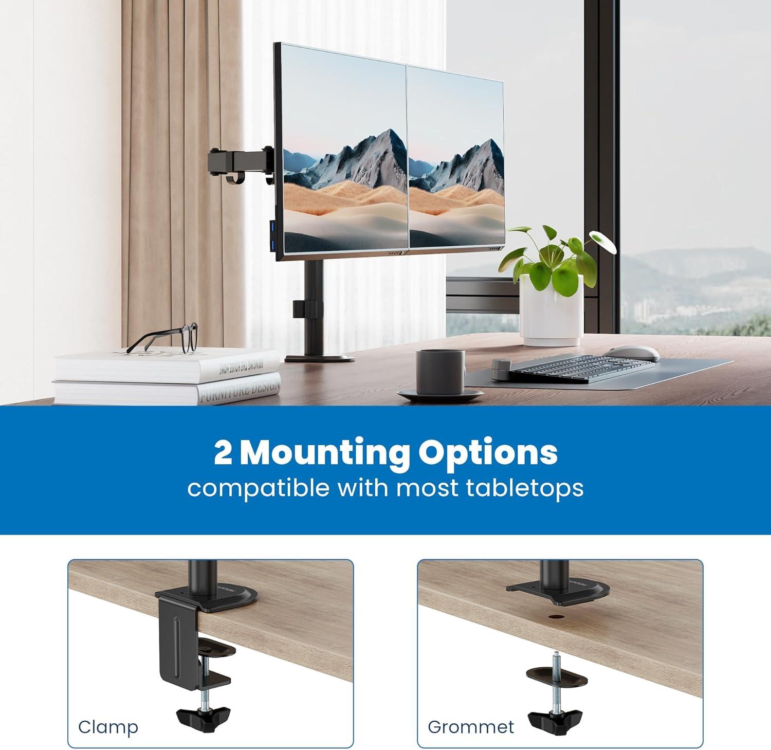 Mount-It! Dual Monitor Desk Mount, Dual Monitor Arm Fits 2 Monitors max. 32" / 19.8 Lbs., Full Motion Adjustment Monitor Mount with C-Clamp, Black