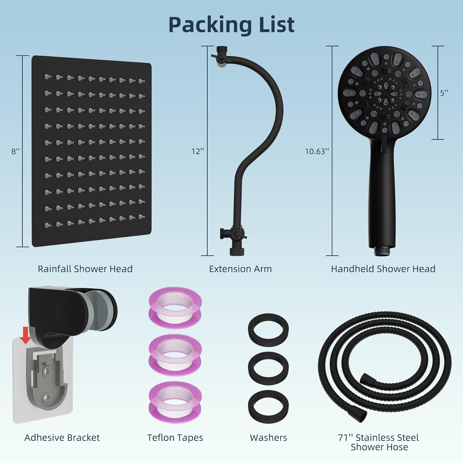 Hibbent 8 Inch Metal Rainfall Shower Head/Handheld Showerhead Combo SCW01-HS070-AS080-MB