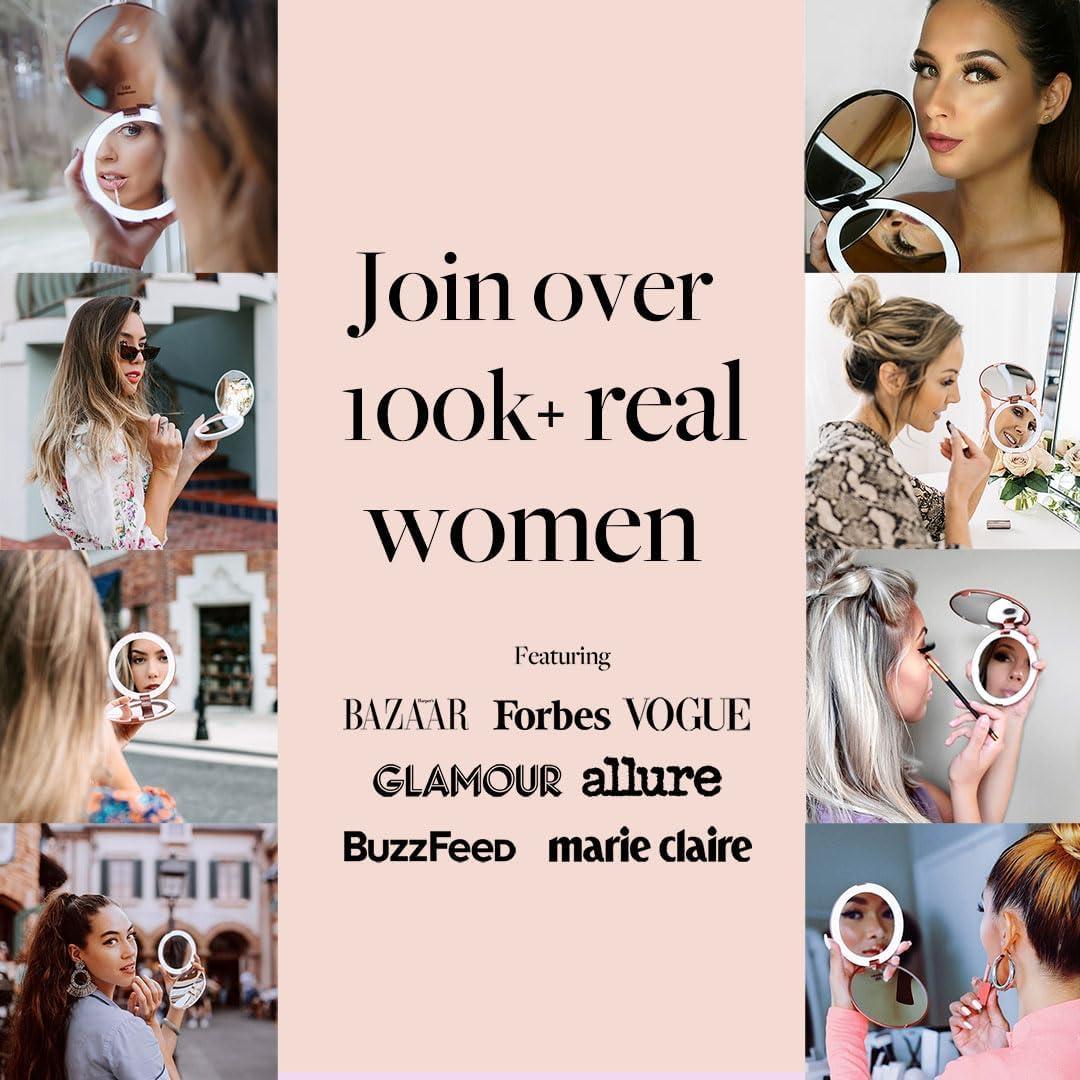 Fancii Taylor LED Lighted Travel Makeup Mirror, Rechargeable with 10x/1x Magnifying & 3 Light Settings - Compact, Portable, Large 5” Wide Hand Mirror for Handbag and Purses (Rose Gold)