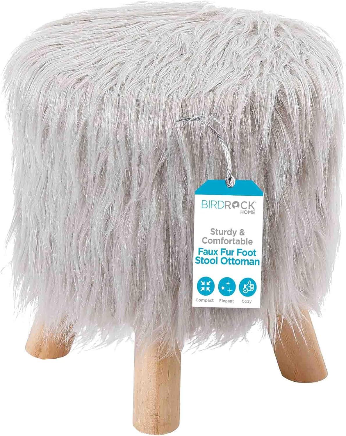 BirdRock Home Faux Fur Foot Stool Ottoman with Wood Legs - Silver