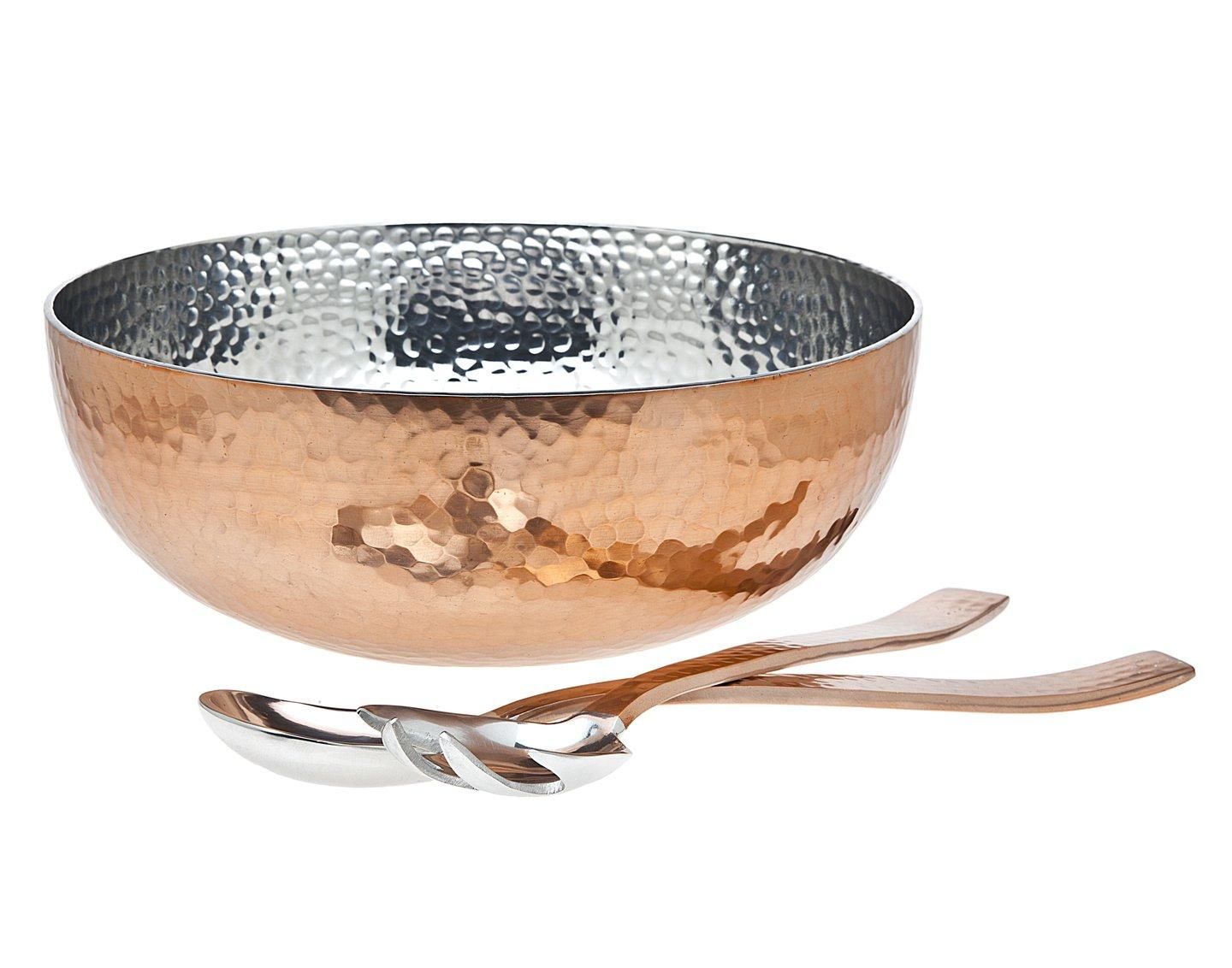 Classic Hammered Copper Salad Serving Bowl with Utensils