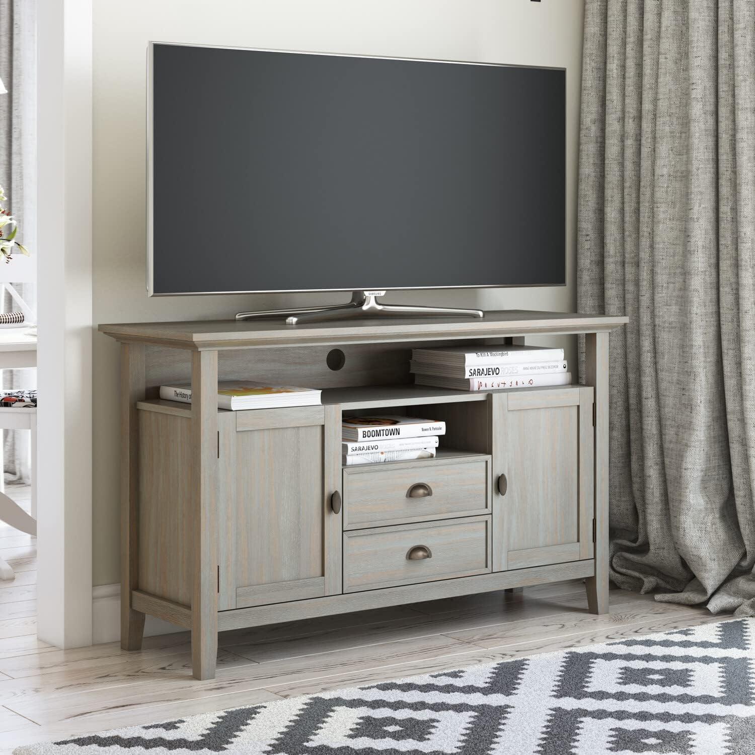 Elegant Distressed Grey Solid Wood TV Media Stand with Cabinet