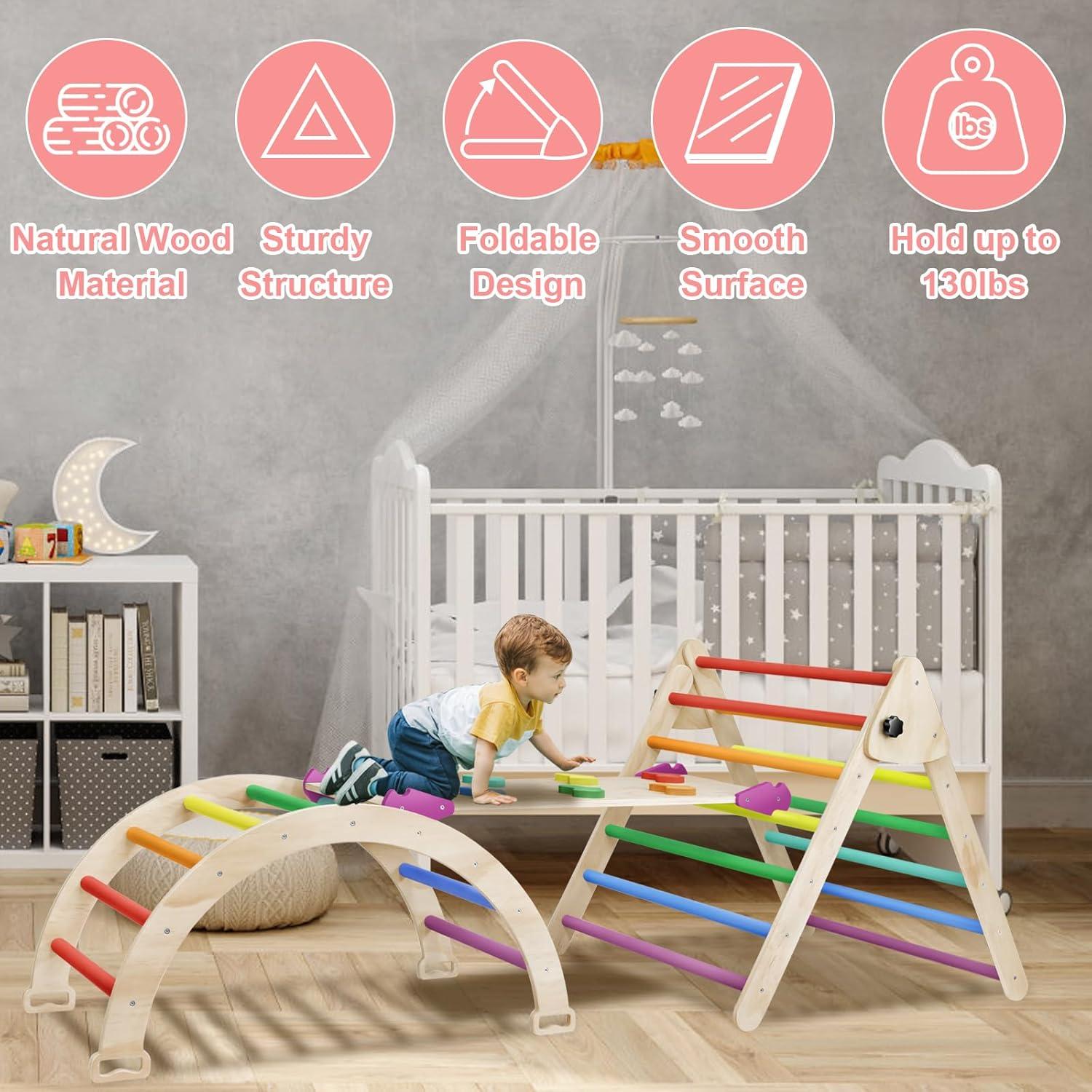 Pikler Triangle Set, 5 in 1 Toddler Climbing Toys Indoor Playground, Ramp, and Arch, Montessori Climbing Set with Triangle, Medium Size Wooden Climbing Gym for Toddlers 1-3 Years, Colorful