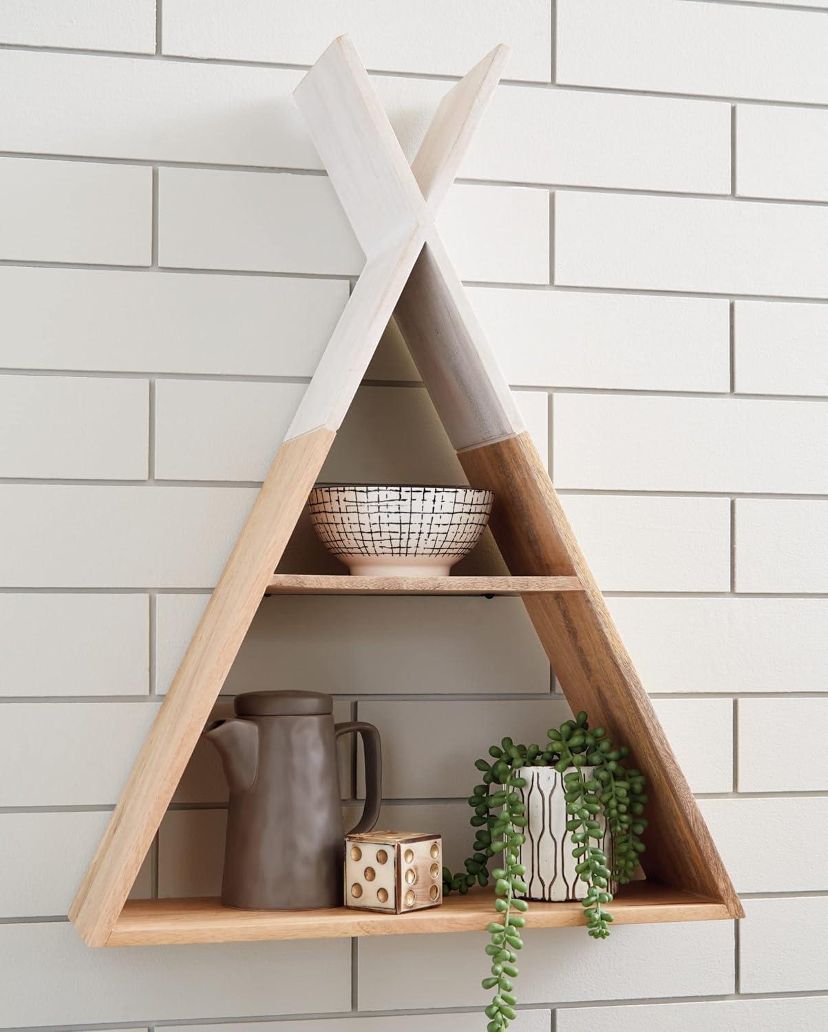 Triangular Brown and White Wood Wall Shelf