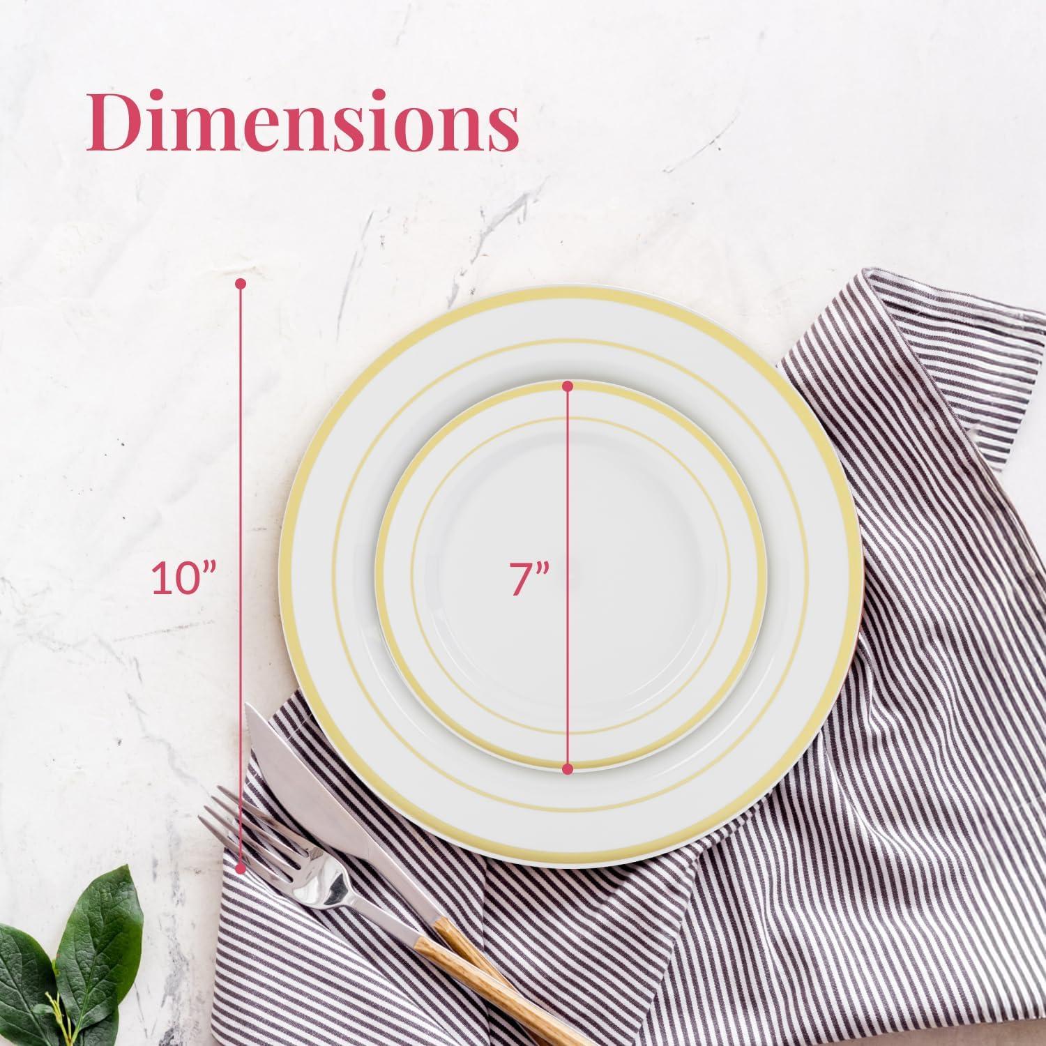 RAPTIZ 200Pc Gold Disposable Plates Set – 100 Dinner And 100 Salad Plates, White With Gold Rim – Heavy-Duty Plastic Plates For Party, Wedding, Holiday, Appetizer And Dessert