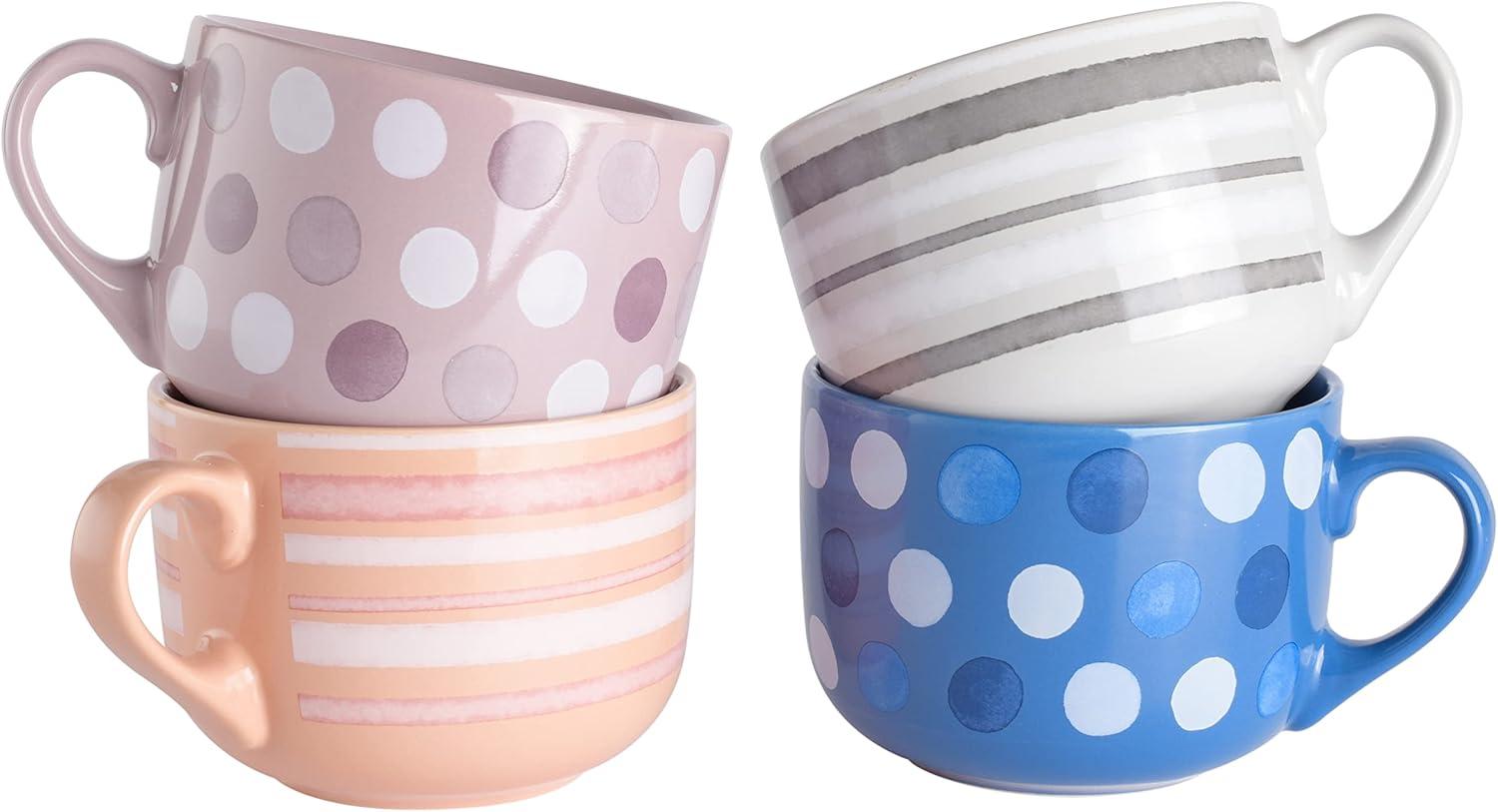 Mr. Coffee Mr. Coffee Cappuccino Bliss 4 Pack 23 OZ Latte Assorted Decorated Design Stoneware Mugs