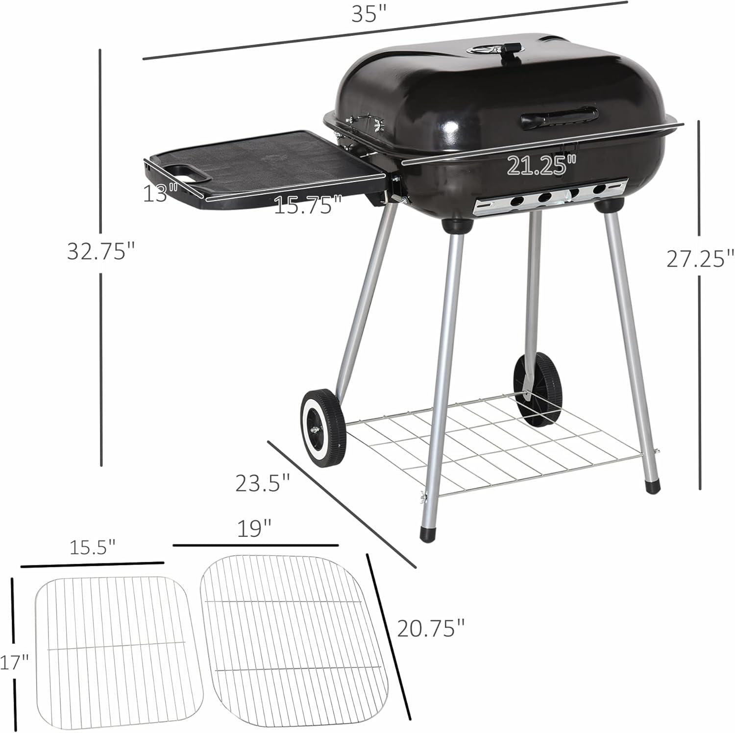 Outsunny 21" Steel Charocal Grill with Portable Wheel, Side Tray and Lower Shelf for Outdoor BBQ for Garden, Backyard, Poolside