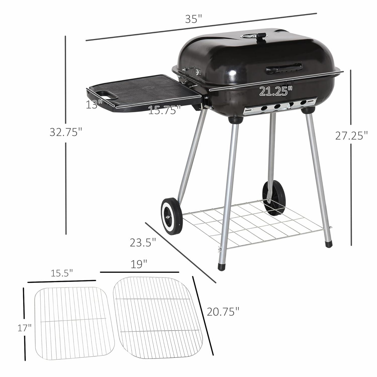 Outsunny 21" Steel Charocal Grill with Portable Wheel, Side Tray and Lower Shelf for Outdoor BBQ for Garden, Backyard, Poolside