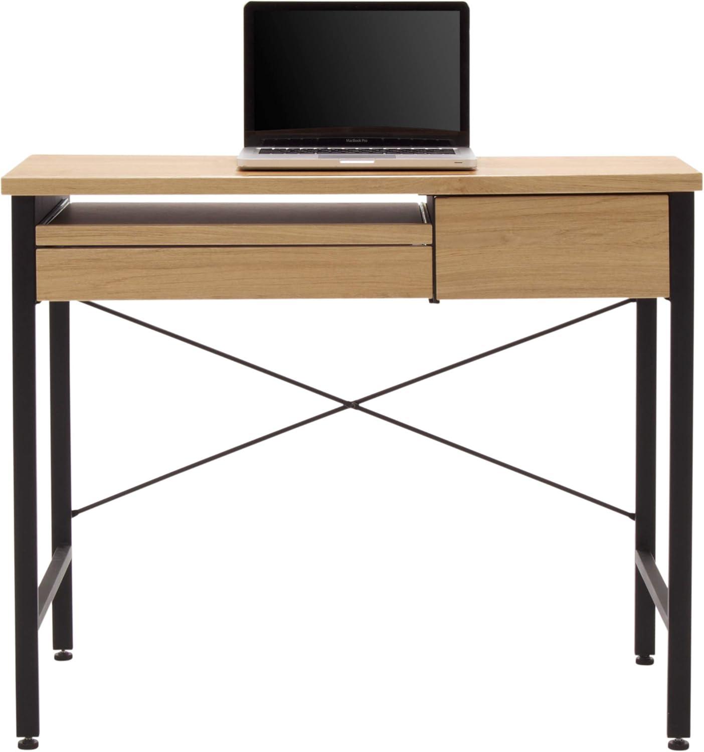 studio designs Ashwood Compact Home Office Desk with Drawers in Ashwood/Black: Laminated Writing Desk with Metal Frame, Keyboard Tray