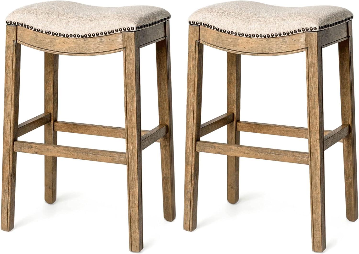 Maven Lane Adrien 31 Inch Bar Height Upholstered Backless Saddle Barstool in Natural Wood Finish with Wheat Cream Fabric Cushion Seat, Set of 2