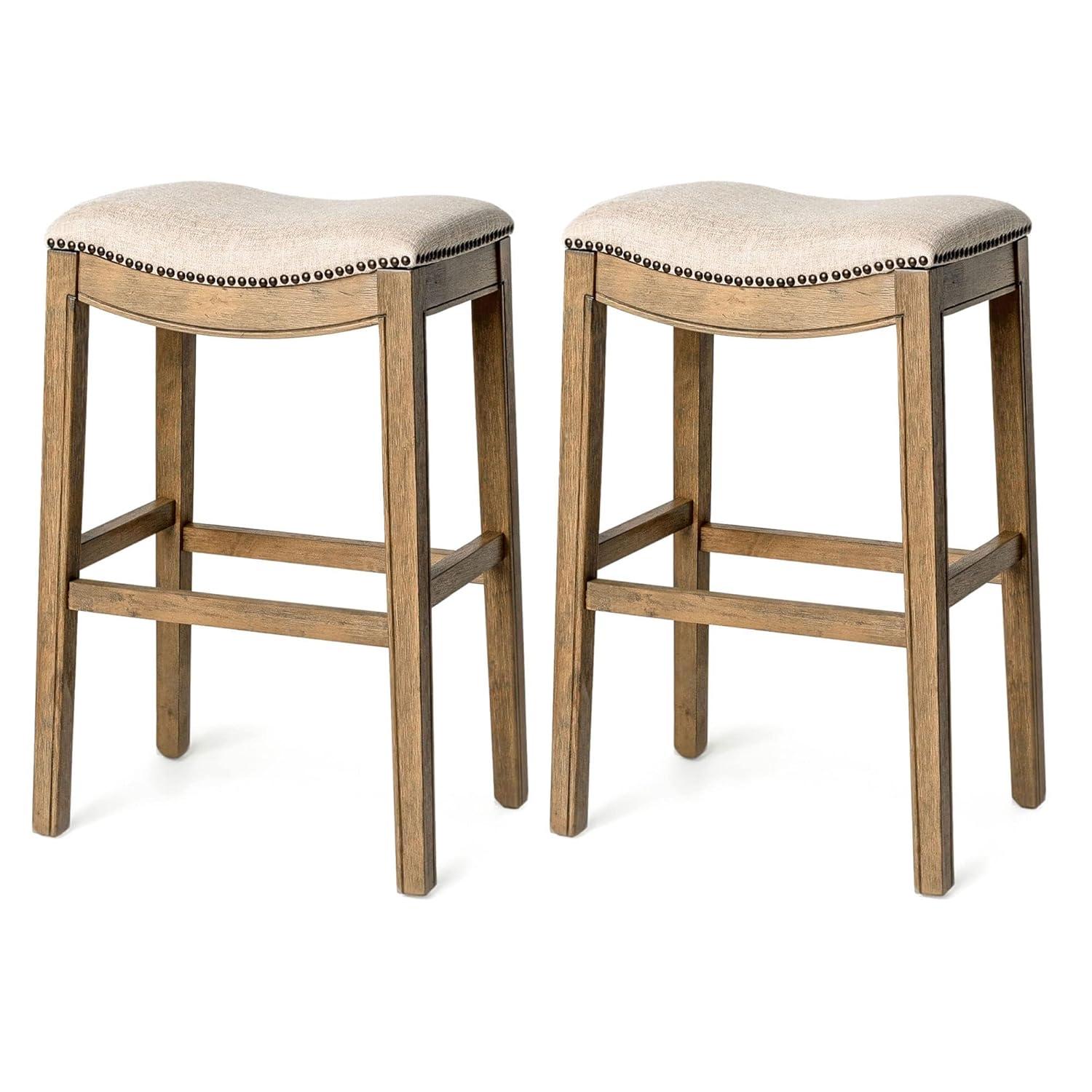 Maven Lane Adrien 31 Inch Bar Height Upholstered Backless Saddle Barstool in Natural Wood Finish with Wheat Cream Fabric Cushion Seat, Set of 2