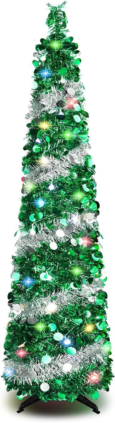 5 FT Silver Green LED Twinkling Christmas Tree with Sequin Tinsel