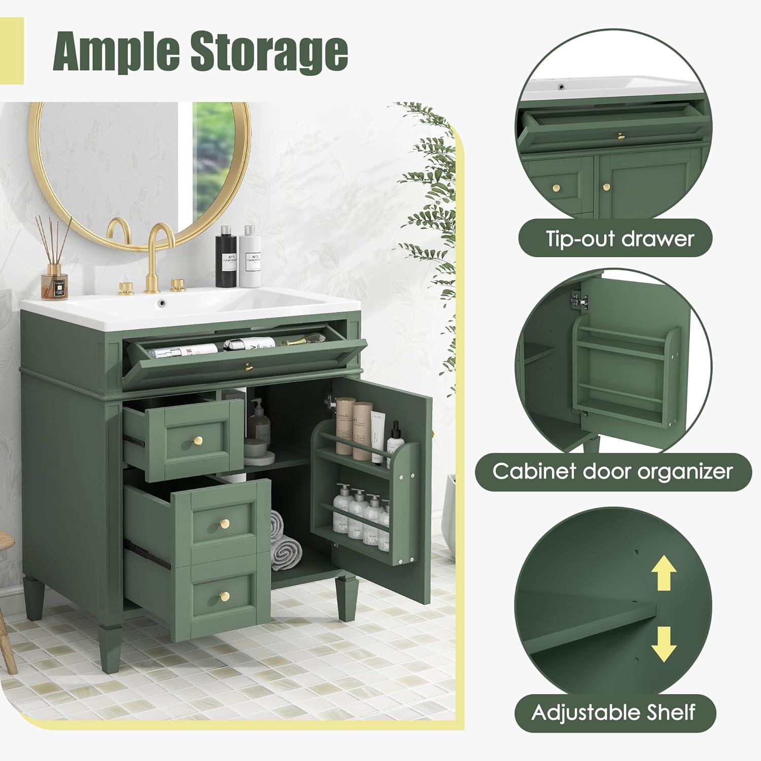 30 inch Bathroom Vanity with Top Sink, Modern Bathroom Storage Cabinet with 2 Drawers and a Tip-out Drawer, Freestanding Single Sink Bathroom Vanity, Green