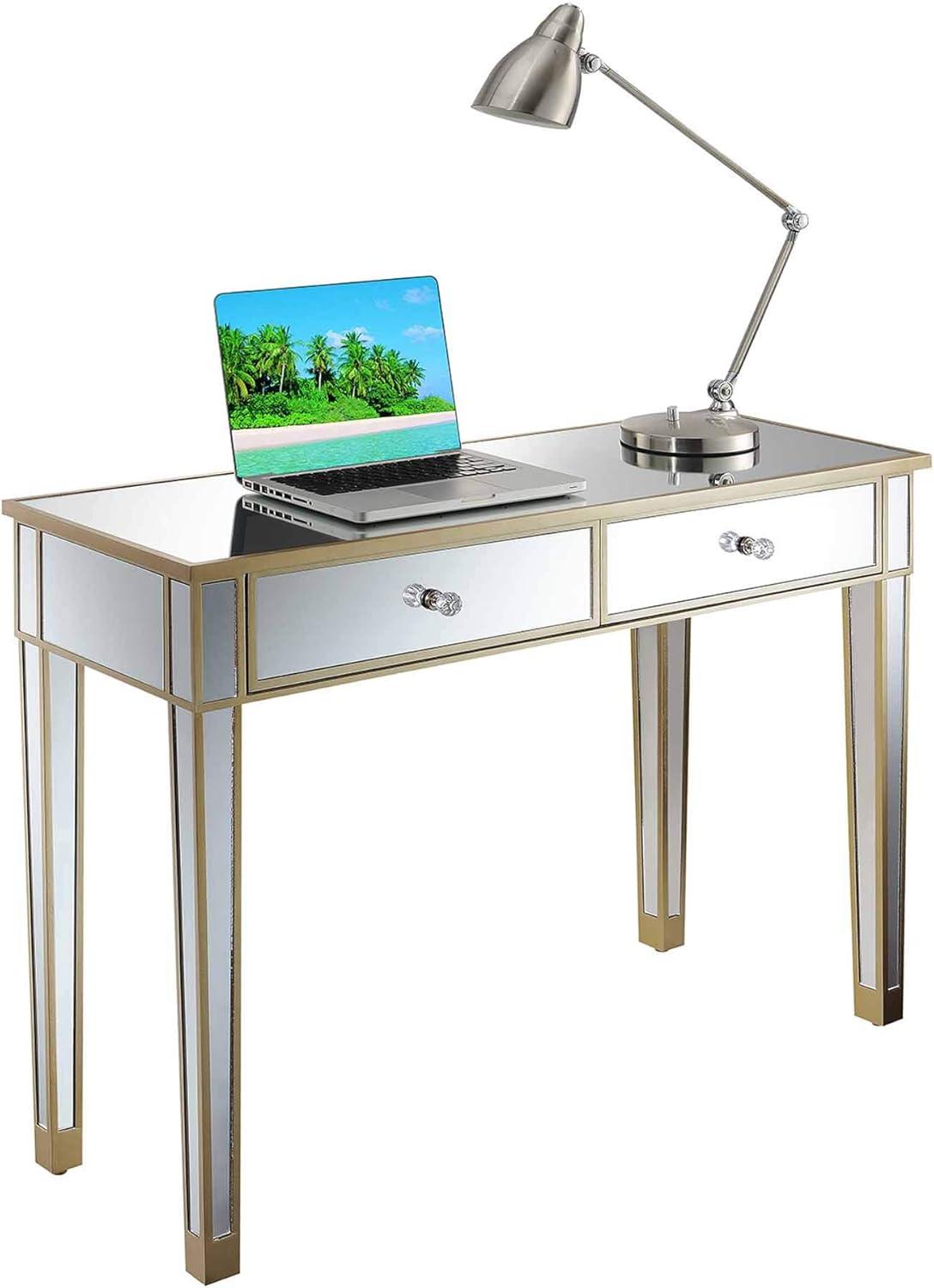 Convenience Concepts Gold Coast Mirrored 2 Drawer Desk, Console, Vanity, Champagne/Mirror