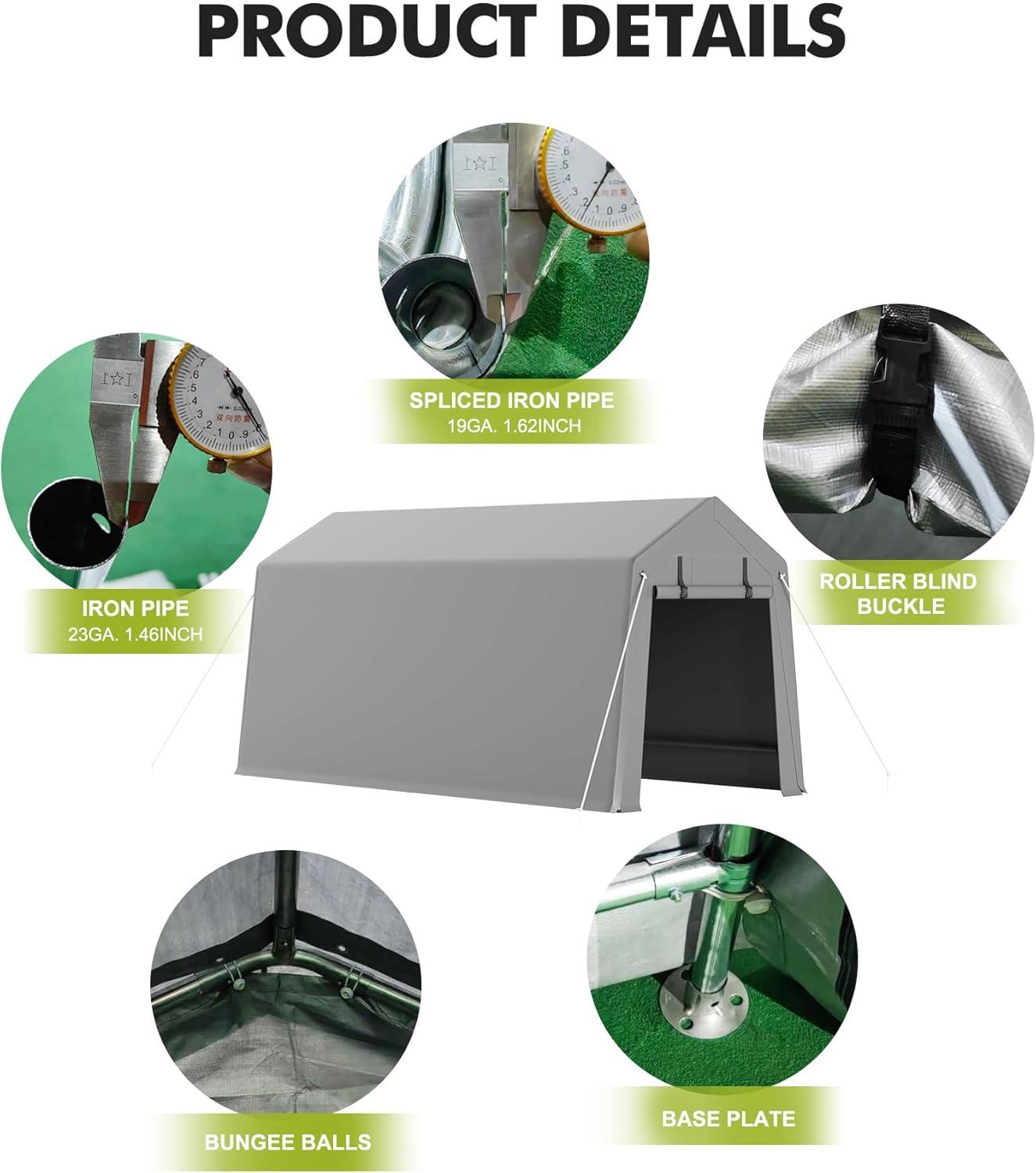 Gray Heavy Duty Waterproof Portable Carport with Zipper Doors