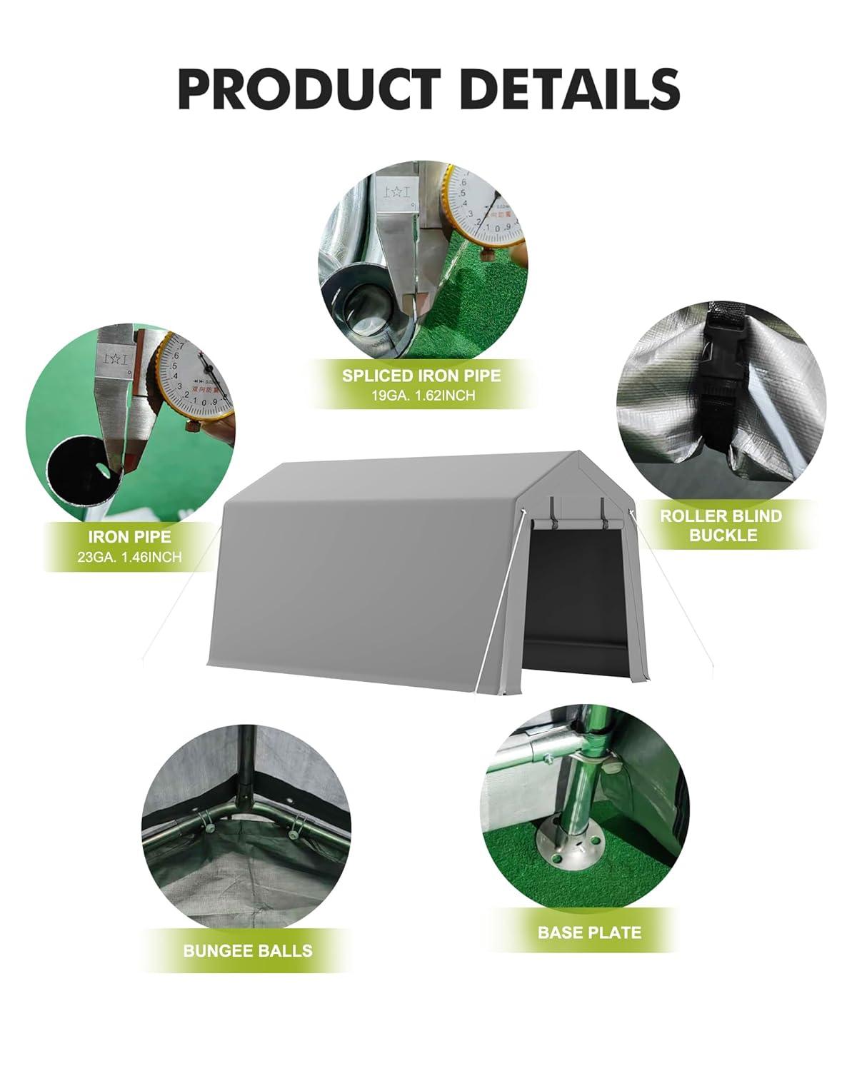 Gray Heavy Duty Waterproof Portable Carport with Zipper Doors