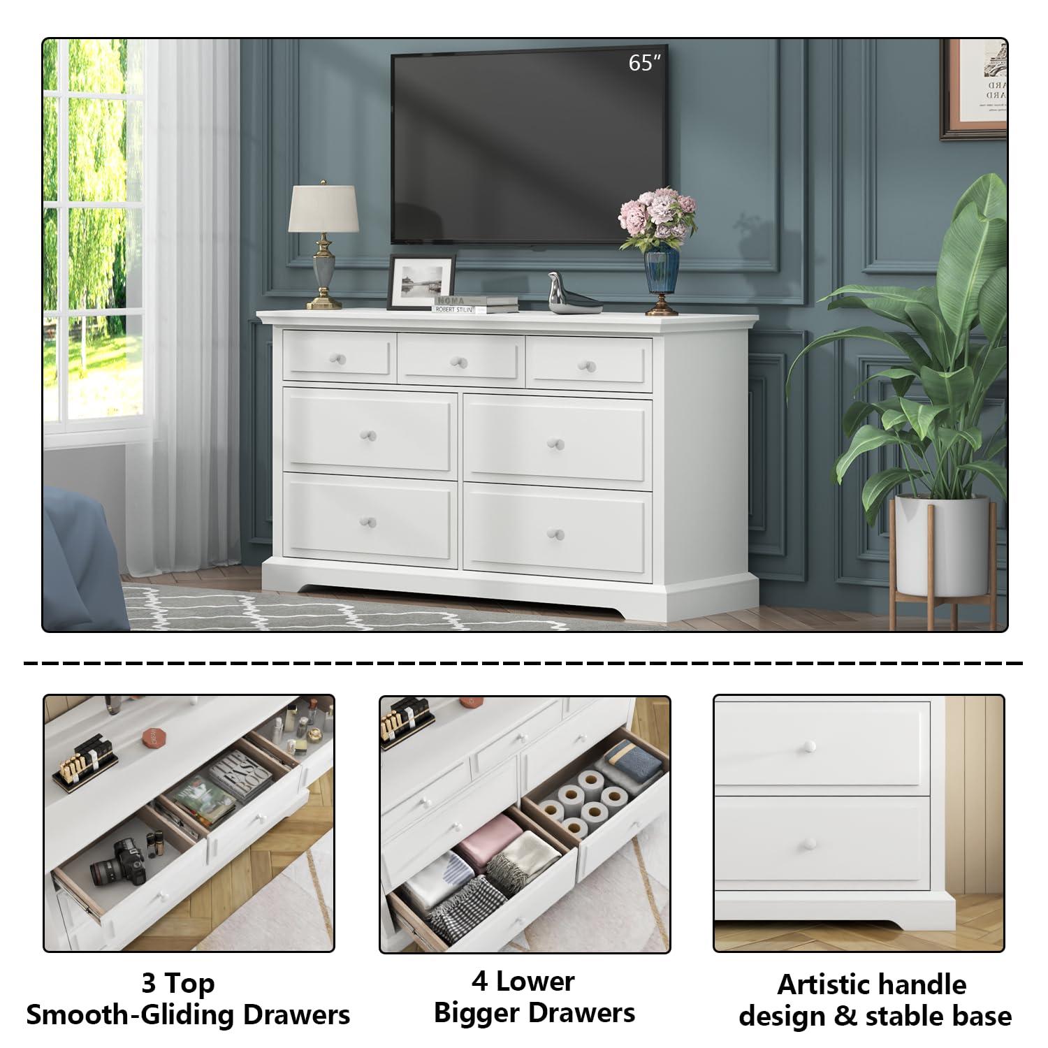 Winston Porter Raydyn 7 Drawers White Double Dressers Chests for Bedroom, Large Storage Dressers Organizer for Bedroom, Long Dresser Tv Stand, Vintage Solid Tall Closet Dressers with Storage for Living Room, Hallway