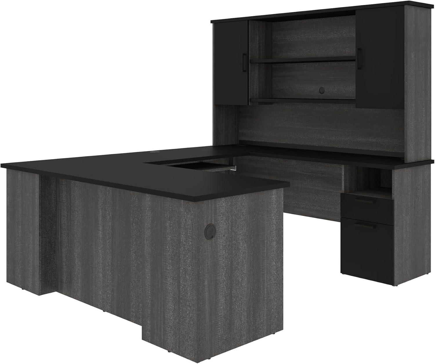 Black and Bark Gray Executive Corner Desk with Hutch and Power Outlets