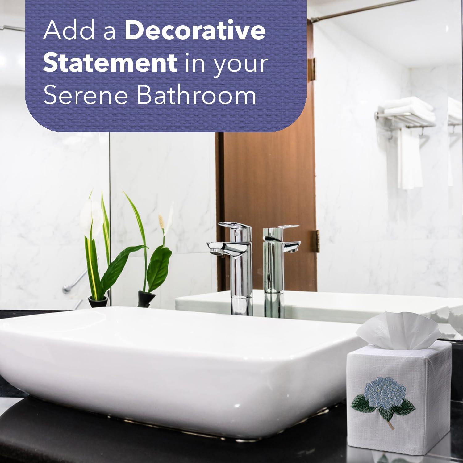 White Linen Square Tissue Box Cover with Blue Embroidered Botanical Design