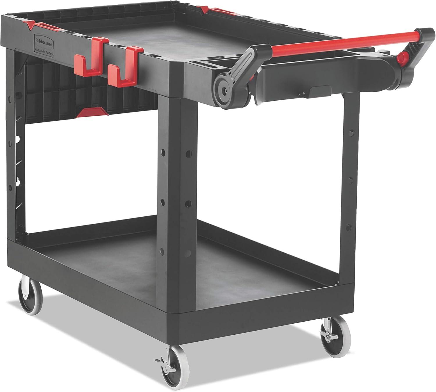 Heavy Duty Black Plastic Utility Cart with Adjustable Handle and Flip-Up Shelf