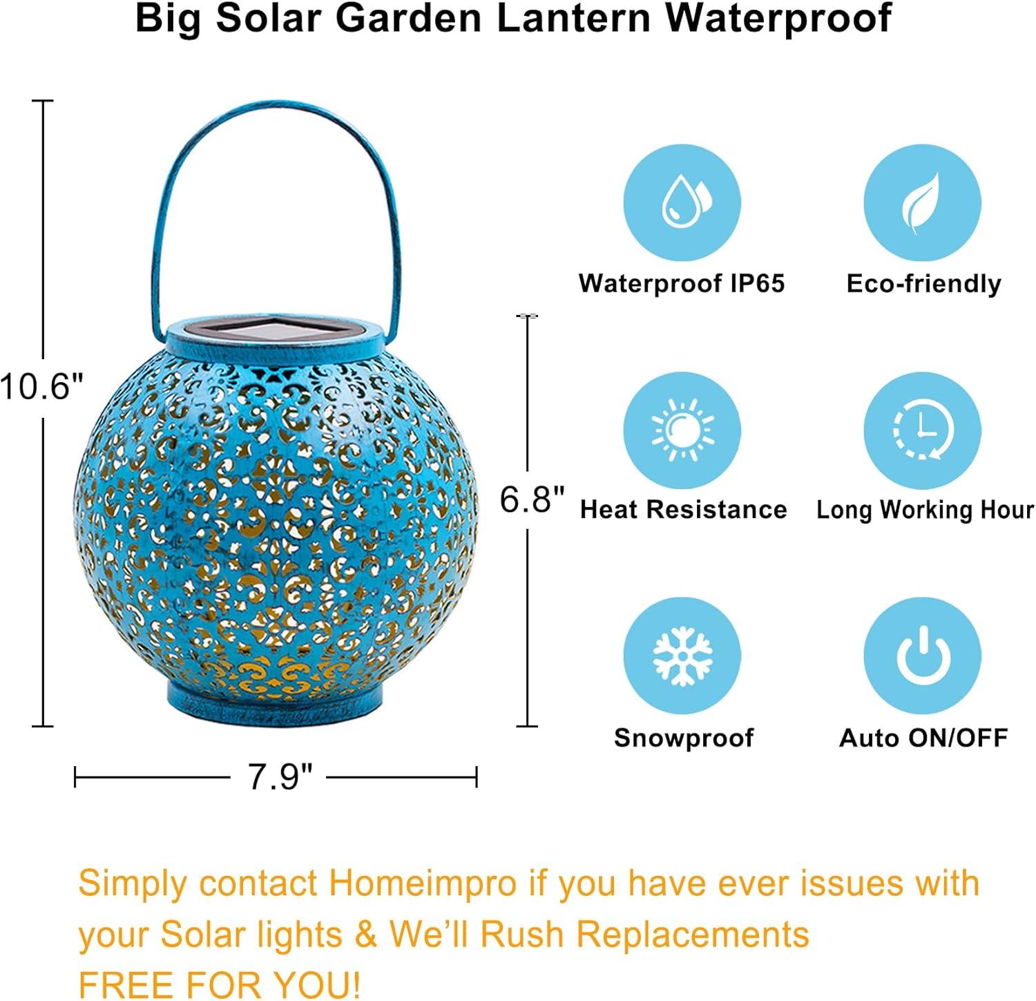 Singingarden 8 inches Blue Metal LED Solar Lantern Outdoor Decor Solar Garden Lights for Table,Patio,Pathway