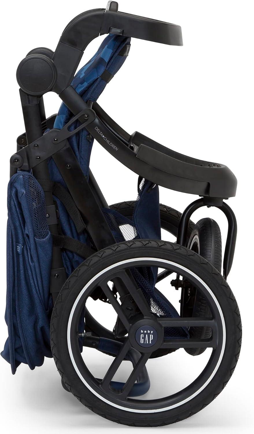 babyGap Trek Jogging Stroller - Lightweight Jogging Stoller with Extendable Canopy & Reclining Seat - Includes Car Seat Adapter - Made with Sustainable Materials, Navy Camo