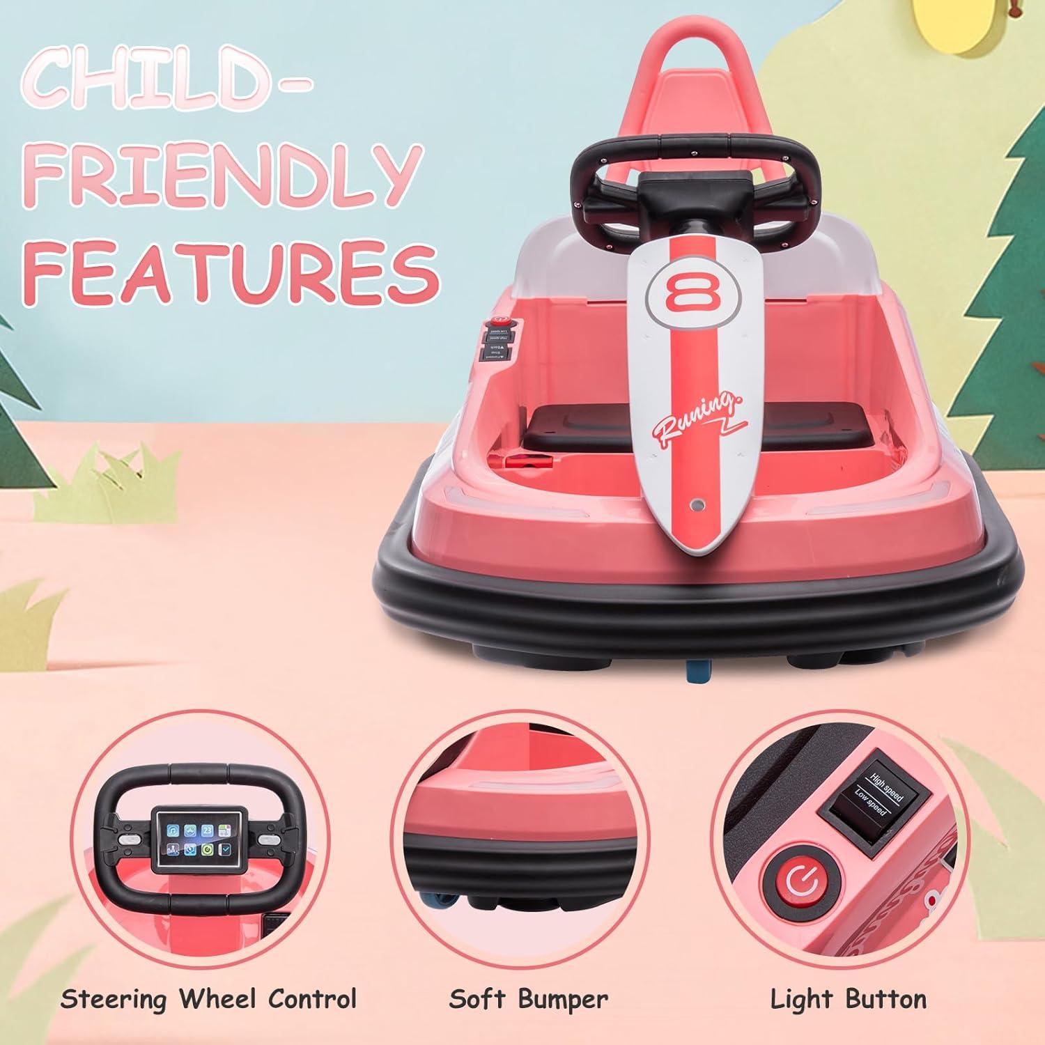 Kids Electric Bumper Car, 6V Battery Powered Ride on Bumper Car with Steering Wheel, 360 Degree Spin, Safety Belt, LED Lights, Music & Horn