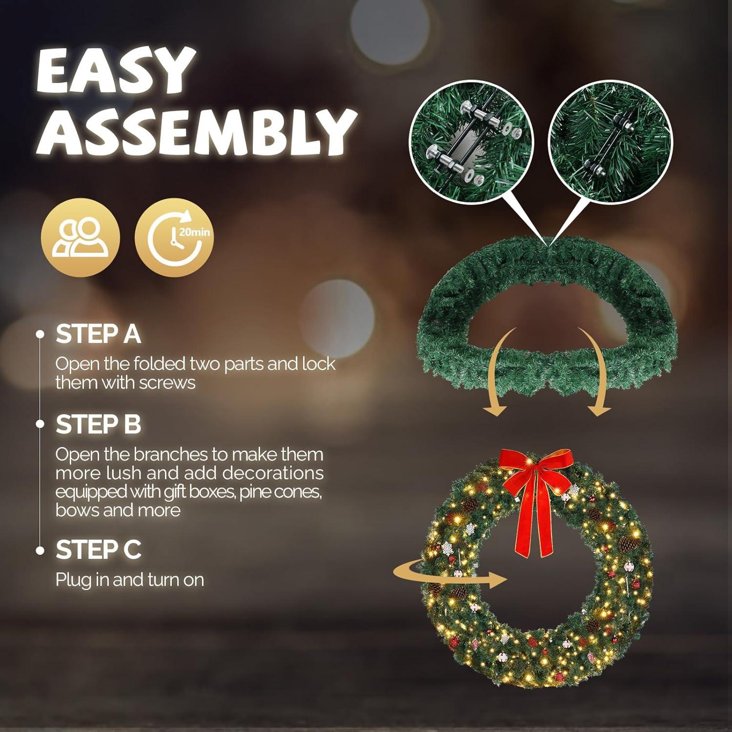 Tcbosik Prelit Christmas Decoration - 60" Christmas Wreath for Front Door with Red Bow and Pine Cones - Large Artificial Xmas Wreath with 220 LED Lights and 660 Branch Tips for Home Wall Decor - Green