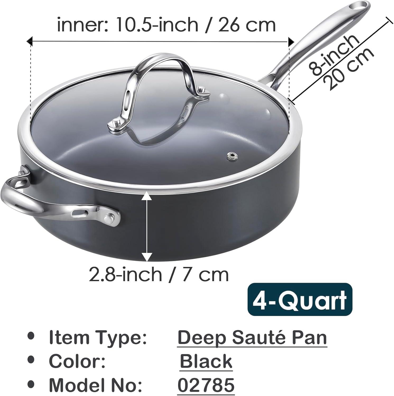 10.5-inch Black Aluminum Nonstick Deep Sauté Pan with Lid